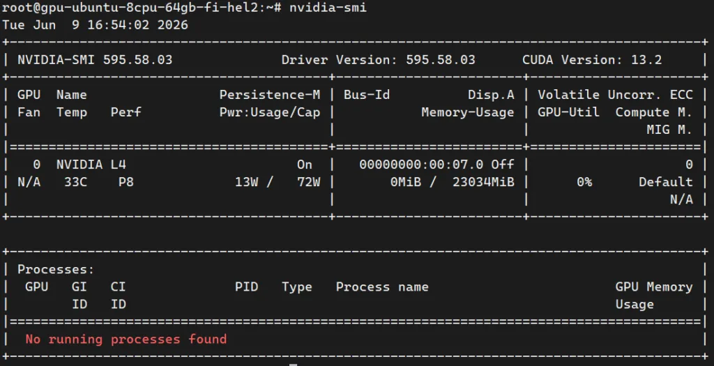 [Screenshot: nvidia-smi output showing NVidia L4, 24 GB VRAM, driver version, cuda version]